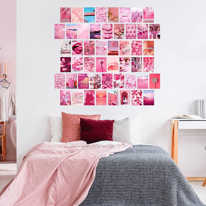 VibeCore Preppy Pink Wall Collage Kit above another bed featuring 70 girly pink prints with playful designs like lips, flowers, and chic elements. Perfect for teen room, dorm room, preppy decor, soft girl, aesthetic wall decor, and girly pink bedroom styling.