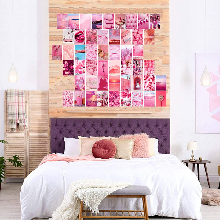 VibeCore Preppy Pink Wall Collage Kit above bed featuring 70 girly pink prints with playful designs like lips, flowers, and chic elements. Perfect for teen room, dorm room, preppy decor, soft girl, aesthetic wall decor, and girly pink bedroom styling.