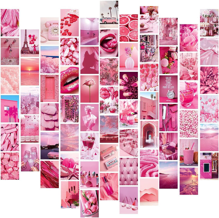 VibeCore Preppy Pink Wall Collage Kit showcasing half of the posters with 70 girly pink prints featuring playful designs like lips, flowers, and chic elements. Perfect for teen room, dorm room, preppy decor, soft girl, aesthetic wall decor, and girly pink styling.