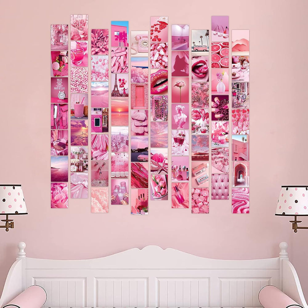 VibeCore Preppy Pink Wall Collage Kit in bedroom featuring 70 girly pink prints with playful designs like lips, flowers, and chic elements. Perfect for teen room, dorm room, preppy decor, soft girl, aesthetic wall decor, and girly pink bedroom styling.