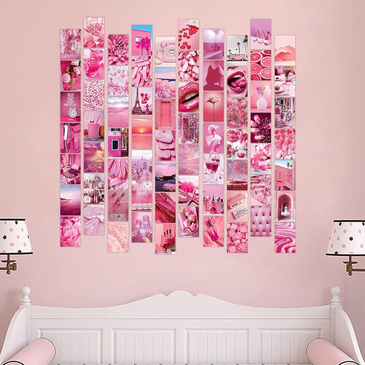 VibeCore Preppy Pink Wall Collage Kit in bedroom featuring 70 girly pink prints with playful designs like lips, flowers, and chic elements. Perfect for teen room, dorm room, preppy decor, soft girl, aesthetic wall decor, and girly pink bedroom styling.
