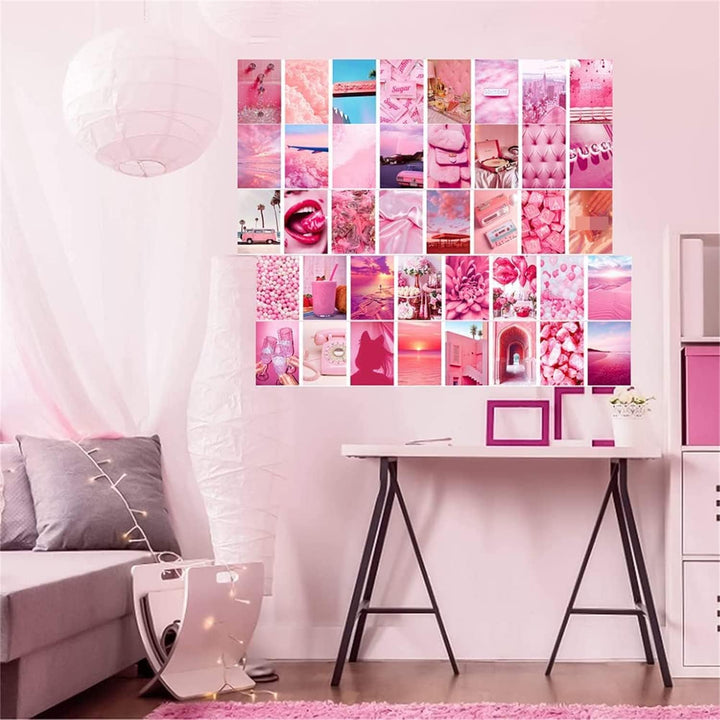 VibeCore Preppy Pink Wall Collage Kit on bedroom wall featuring 70 girly pink prints with playful designs like lips, flowers, and chic elements. Perfect for teen room, dorm room, preppy decor, soft girl, aesthetic wall decor, and girly pink bedroom styling.