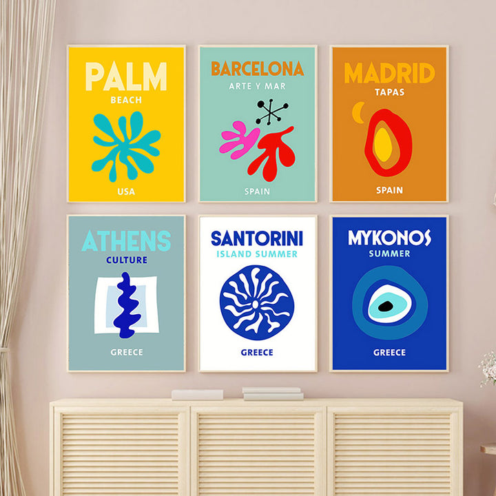 VibeCore Preppy Travel Canvas Posters as a framed wall collage, featuring a curated collection of vibrant travel destinations. Each print captures the essence of popular spots like Bondi Beach, Mykonos, and Santorini, blending colorful designs with a preppy, beachy vibe. Perfect for creating a stylish travel-inspired gallery wall in your bedroom, dorm, or living space. Printed on premium cotton canvas with a semigloss finish, these frames add personality and wanderlust to any room.
