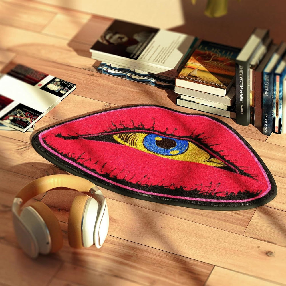 VibeCore Psychic Lips Accent Rug on a wooden floor, featuring a vibrant lip design with a mystical gaze, enhancing the room with its bold, artistic aesthetic.