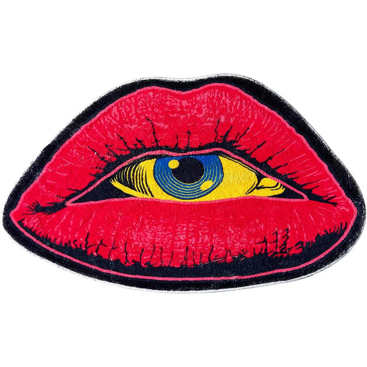 VibeCore Psychic Lips Accent Rug product view, highlighting its vibrant colors, mystical design of bold lips, and soft texture. Perfect for adding an artistic, edgy vibe to any room.