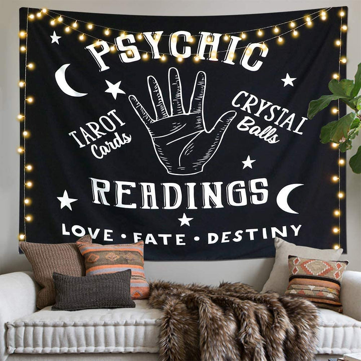 VibeCore Psychic Readings Tapestry Behind Couch