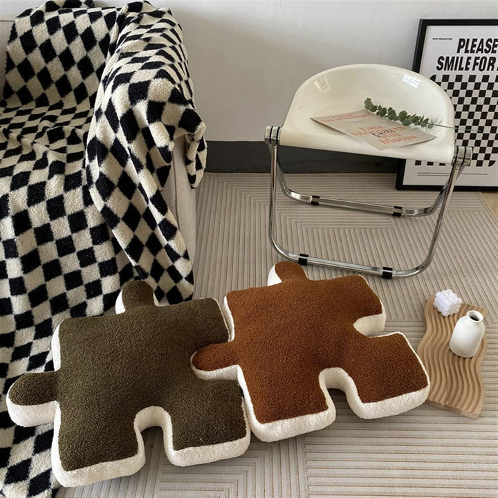 VibeCore Puzzle Piece Decorative Pillow in olive and brown, pieced together to create a fun, quirky design. Made from plush fabric and filled with PP cotton for soft comfort, this playful pillow adds a unique, stylish touch to your bed, couch, or cozy nook.