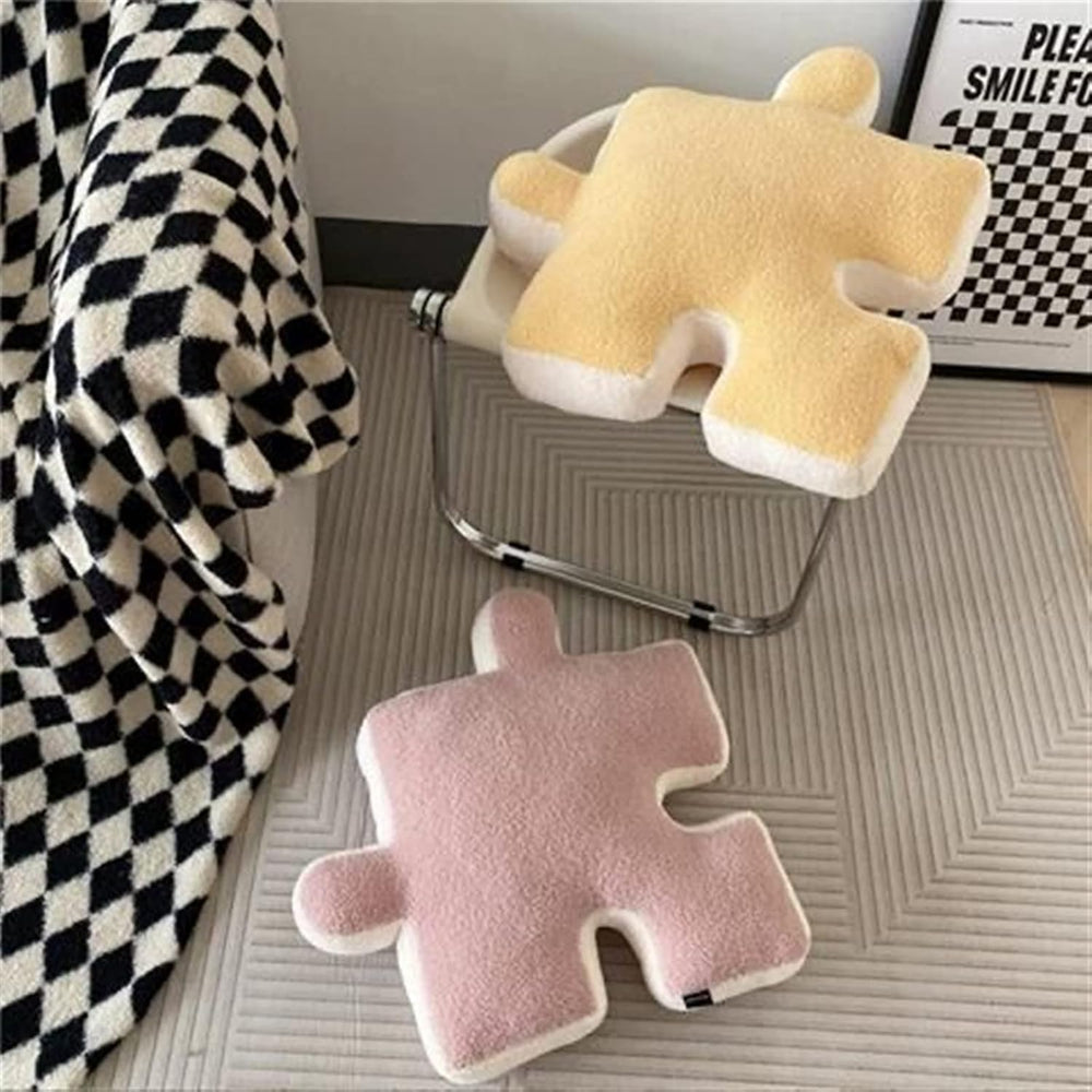 VibeCore Puzzle Piece Decorative Pillow in yellow and light pink, featuring a playful, funky design made from plush fabric and filled with PP cotton for ultimate comfort. A fun and bold statement piece for your bed, couch, or cozy nook.