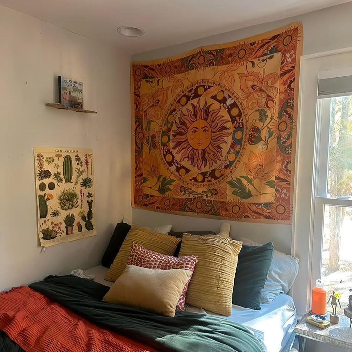 VibeCore Radiant Sun Tapestry Above Bed In Teen Bedroom