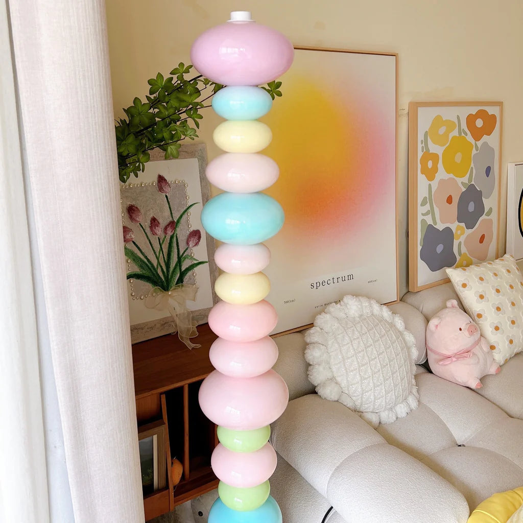 VibeCore Rainbow Candy Floor Lamp Closeup – Close-up of the vibrant, candy-inspired glass beads and sleek metal base of the floor lamp, showcasing its playful and colorful design.