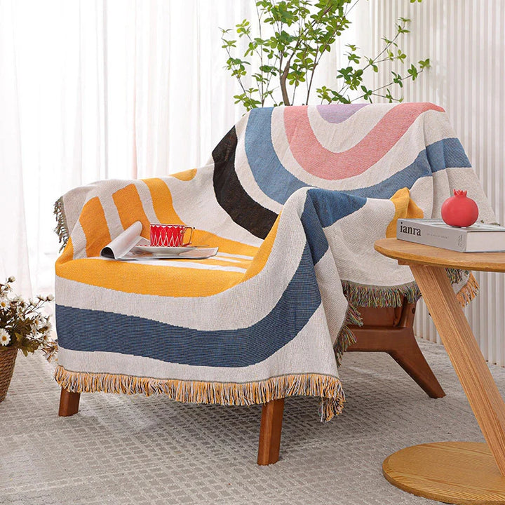 VibeCore Rainbow Dreams Woven Cotton Blanket as Bohemian Chair Cover – Colorful Reversible Throw for Eclectic Home Styling