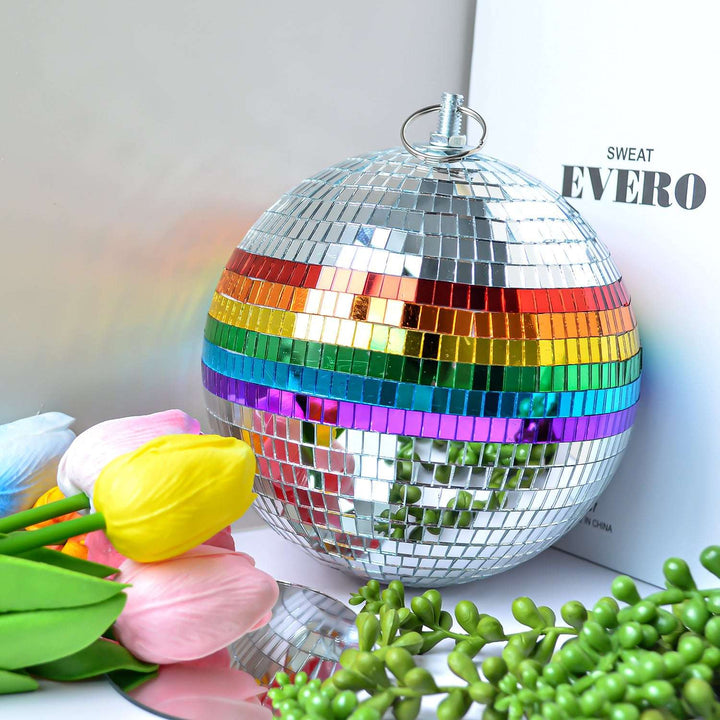VibeCore Rainbow Hanging Disco Ball with embroidered glass and mosaic mirror finish, geometric shape, reflects rainbow light, perfect for retro room or party decor.