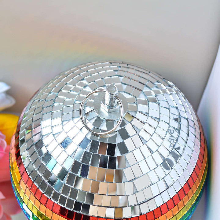 VibeCore Rainbow Hanging Disco Ball top close-up, highlighting the mosaic mirror finish and hanging ring, ideal for aesthetic dorm or party room decoration.