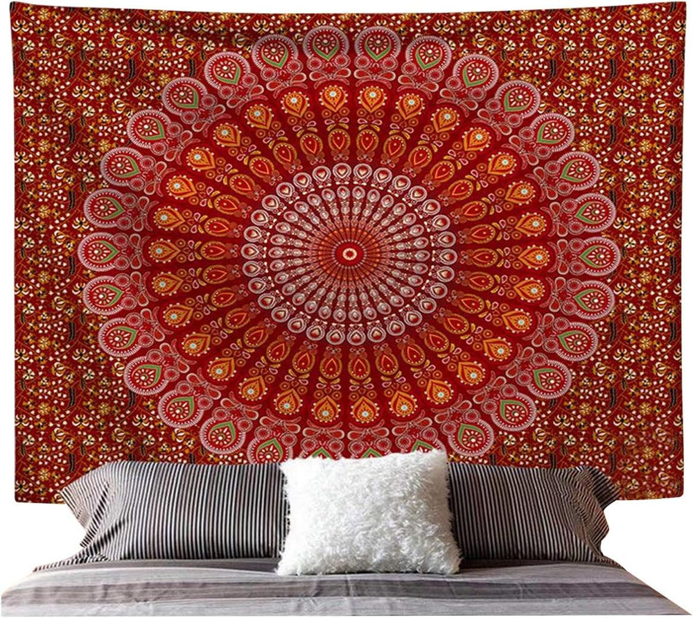 VibeCore Red Mandala Tapestry Behind Bed