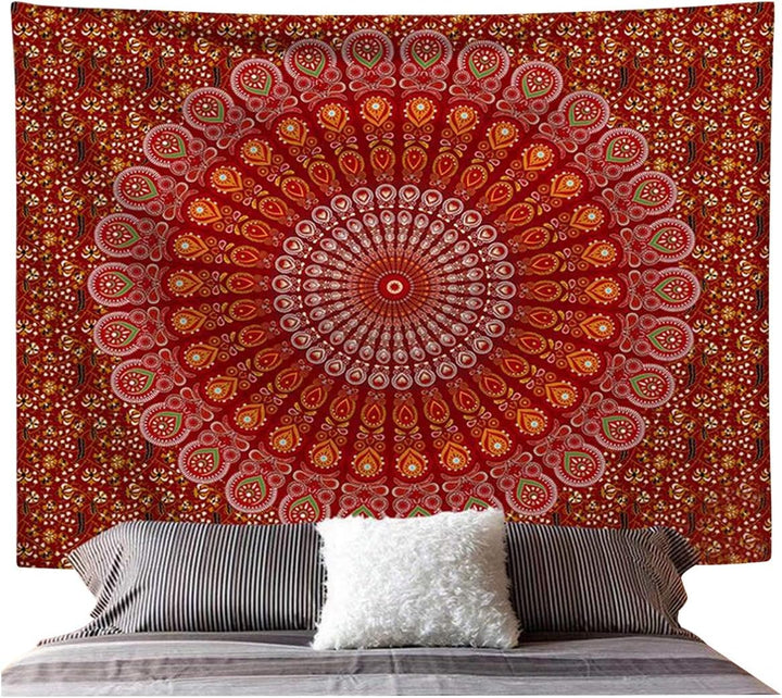 VibeCore Red Mandala Tapestry Behind Bed
