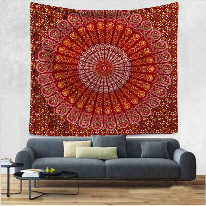 VibeCore Red Mandala Tapestry Behind Couch