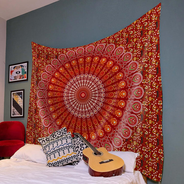 VibeCore Red Mandala Tapestry In Bedroom