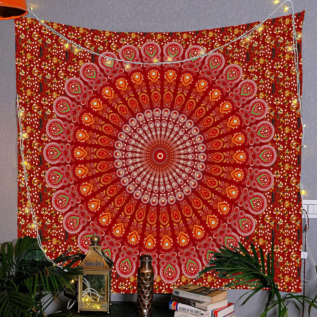 VibeCore Red Mandala Tapestry On Wall With Lights Around It