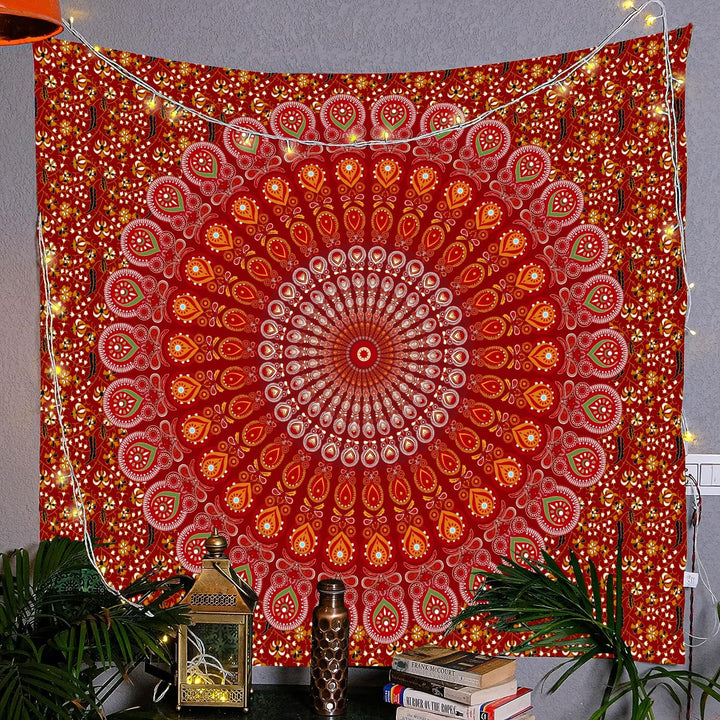 VibeCore Red Mandala Tapestry On Wall With Lights Around It
