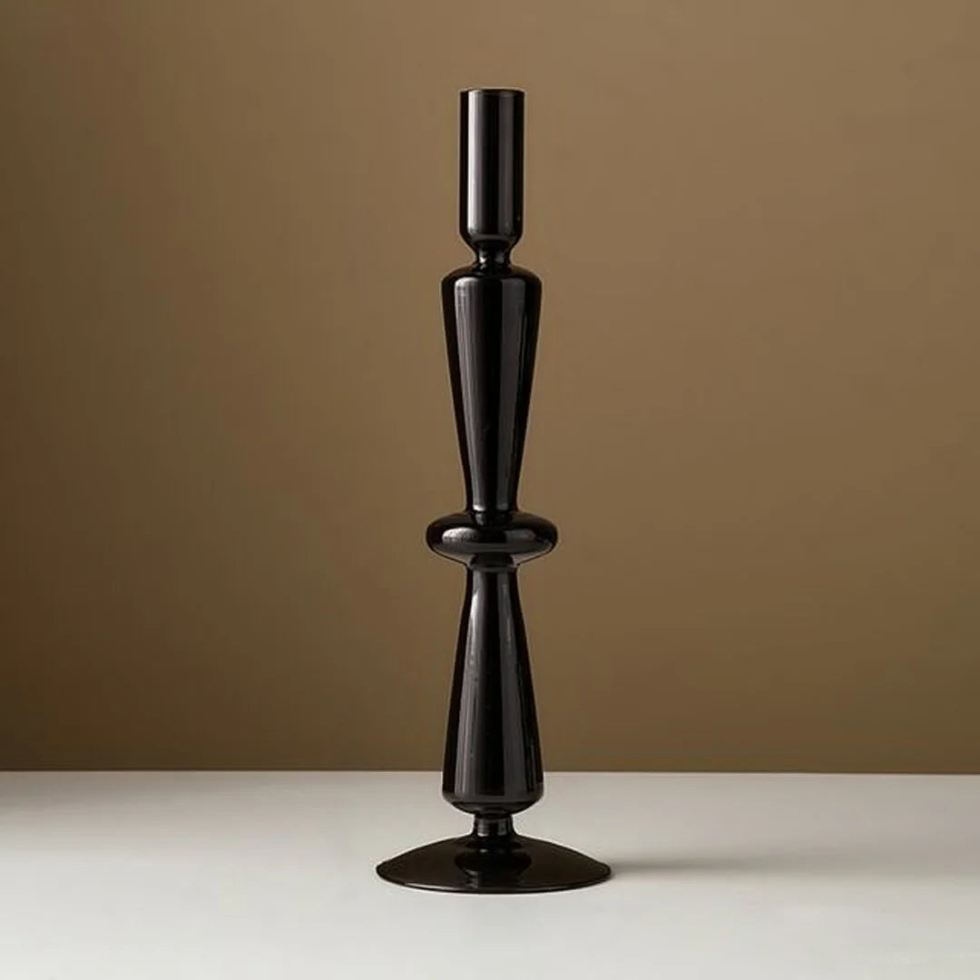 VibeCore Retro Abstract Glass Candle Holder black Option B with geometric shape and hand-blown borosilicate glass, styled for modern minimalist decor.
