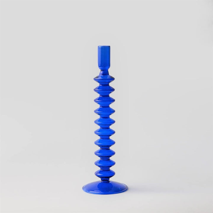 VibeCore Retro Abstract Glass Candle Holder blue Option A with geometric shape and hand-blown borosilicate glass, styled for modern minimalist decor.