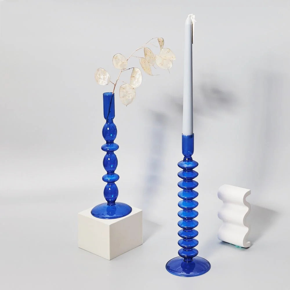 VibeCore Retro Abstract Glass Candle Holders blue Options A and C featuring geometric hand-blown borosilicate glass for retro modern room decor styling.