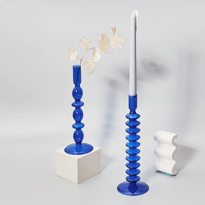 VibeCore Retro Abstract Glass Candle Holders blue Options A and C featuring geometric hand-blown borosilicate glass for retro modern room decor styling.