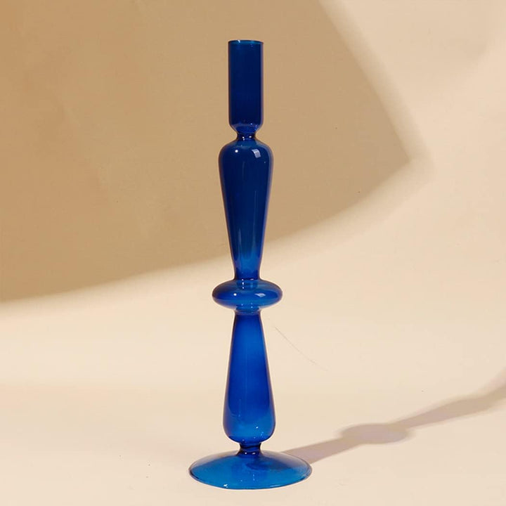 VibeCore Retro Abstract Glass Candle Holder blue Option B with geometric shape and hand-blown borosilicate glass, styled for modern minimalist decor.