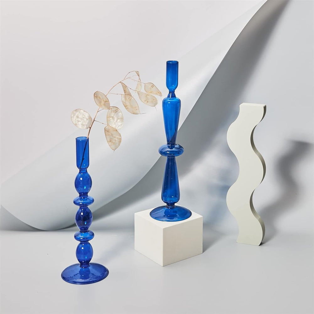VibeCore Retro Abstract Glass Candle Holders blue Options B and C featuring geometric hand-blown borosilicate glass for retro modern room decor styling.