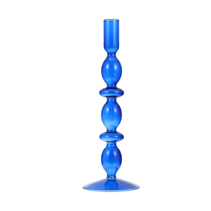 VibeCore Retro Abstract Glass Candle Holder blue Option C with geometric shape and hand-blown borosilicate glass, styled for modern minimalist decor.