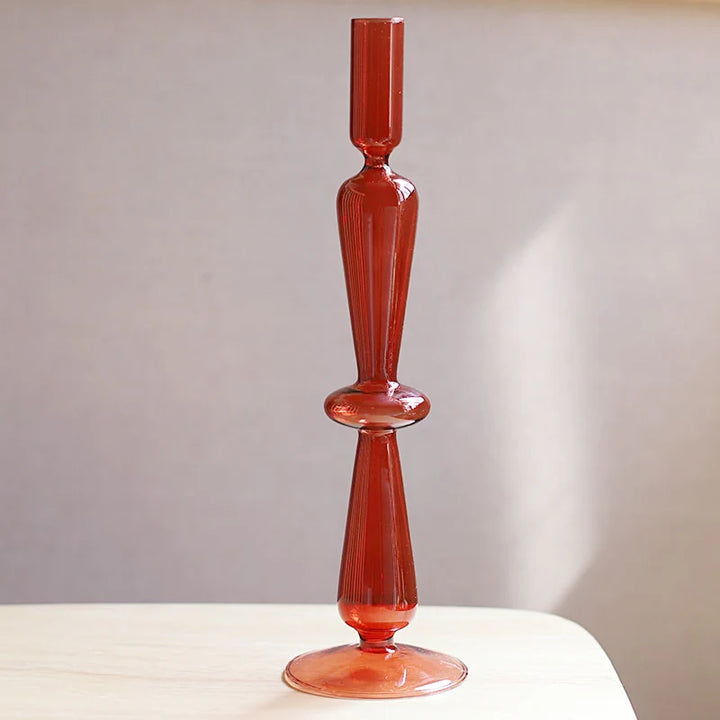 VibeCore Retro Abstract Glass Candle Holder brown Option B with geometric shape and hand-blown borosilicate glass, styled for modern minimalist decor.