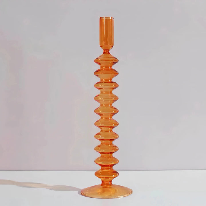 VibeCore Retro Abstract Glass Candle Holder orange Option A with geometric shape and hand-blown borosilicate glass, styled for modern minimalist decor.