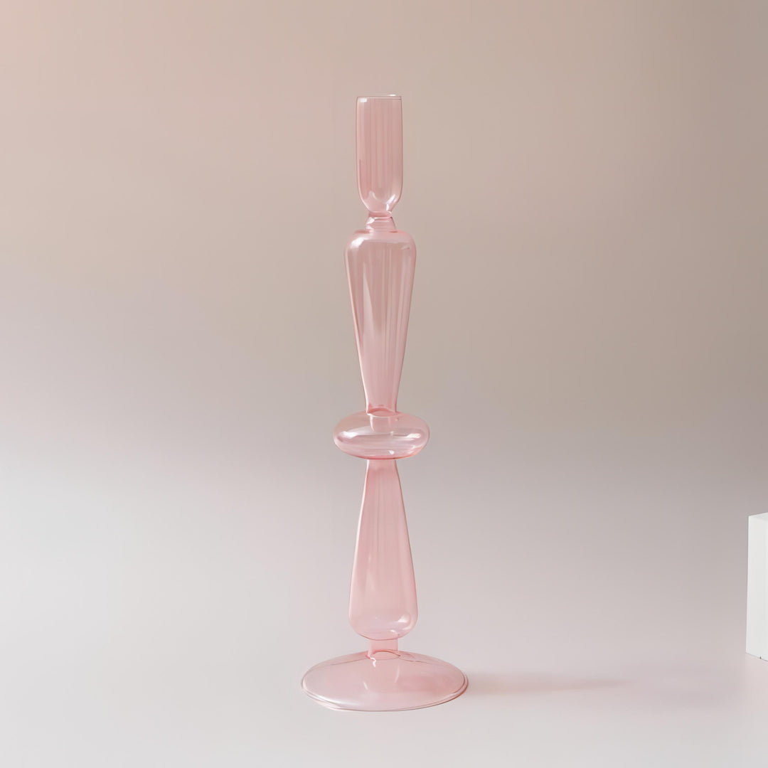VibeCore Retro Abstract Glass Candle Holder pink Option B with geometric shape and hand-blown borosilicate glass, styled for modern minimalist decor.