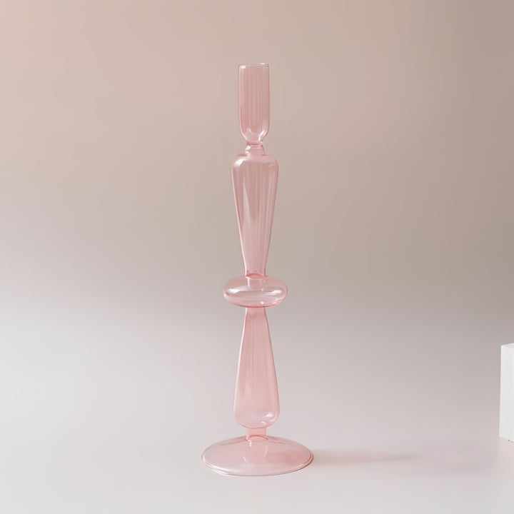 VibeCore Retro Abstract Glass Candle Holder pink Option B with geometric shape and hand-blown borosilicate glass, styled for modern minimalist decor.