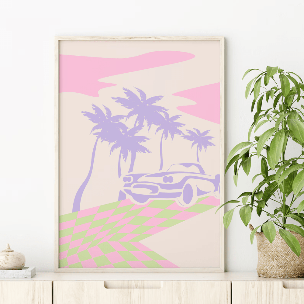 VibeCore Retro Nostalgia Canvas Prints Option A Pastel Colors Drawing Of Sports Car Driving Under Palm Tree