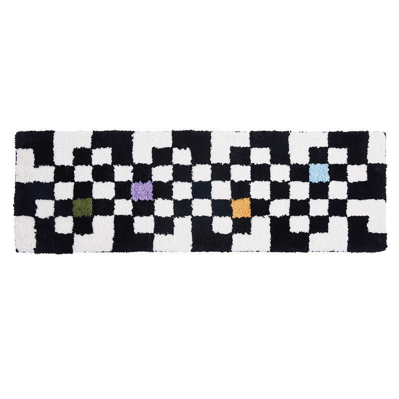 The VibeCore Retro Remix Accent Rug showcasing its bold checkered design in a close-up product view, highlighting its vibrant colors and soft, plush texture. Perfect for adding personality and comfort to any space.