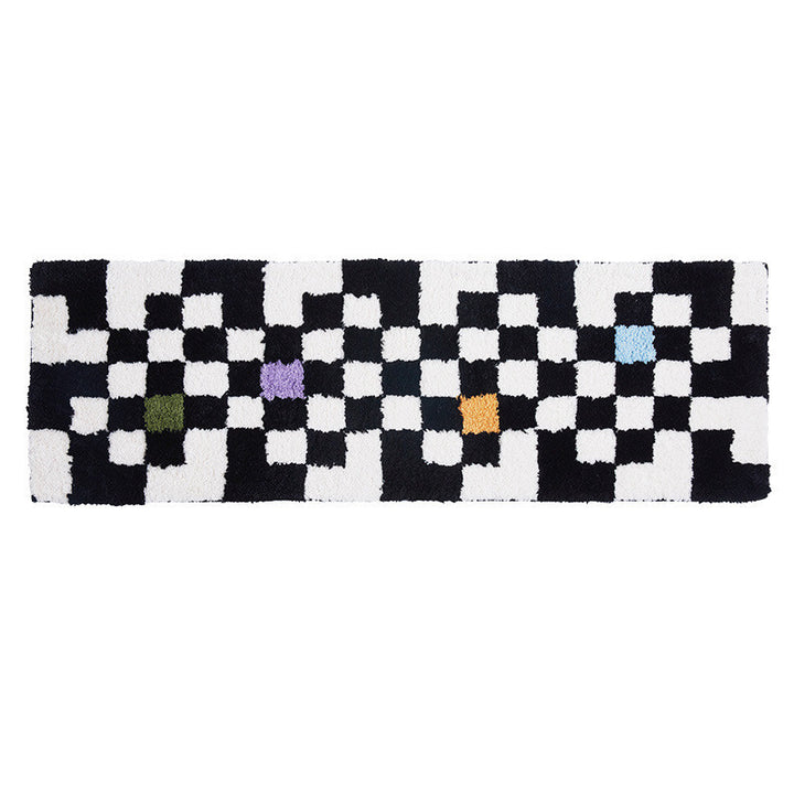 The VibeCore Retro Remix Accent Rug showcasing its bold checkered design in a close-up product view, highlighting its vibrant colors and soft, plush texture. Perfect for adding personality and comfort to any space.