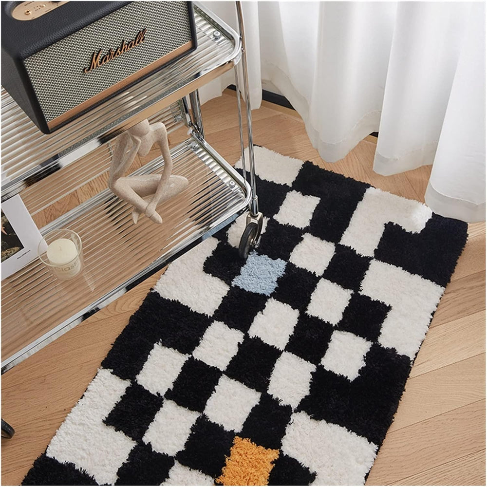 The VibeCore Retro Remix Accent Rug placed under a shelf, featuring its bold checkered design and vibrant colors. The rug adds a modern touch to the space, with a soft, plush texture for added comfort.