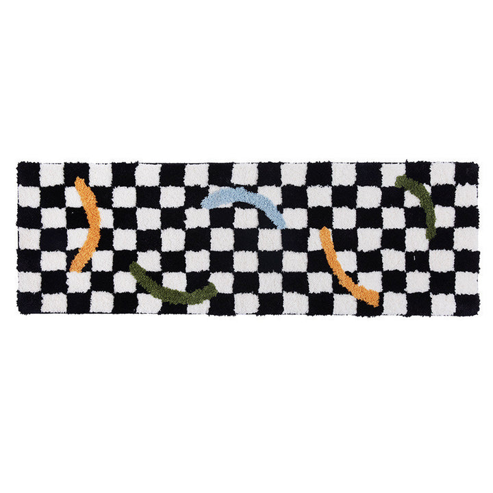 The VibeCore Retro Remix Accent Rug with a squiggle design, showcasing its playful and bold checkered pattern. The rug's soft, plush texture and vibrant colors add a retro-inspired touch to any space, making it a stylish addition to modern decor.