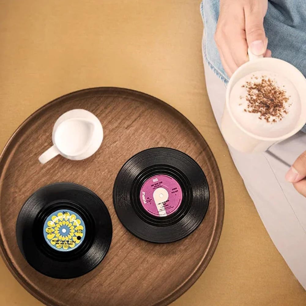 VibeCore Retro Vinyl Coasters on a coffee tray, featuring a classic vinyl record design, adding a nostalgic touch to the table setup.