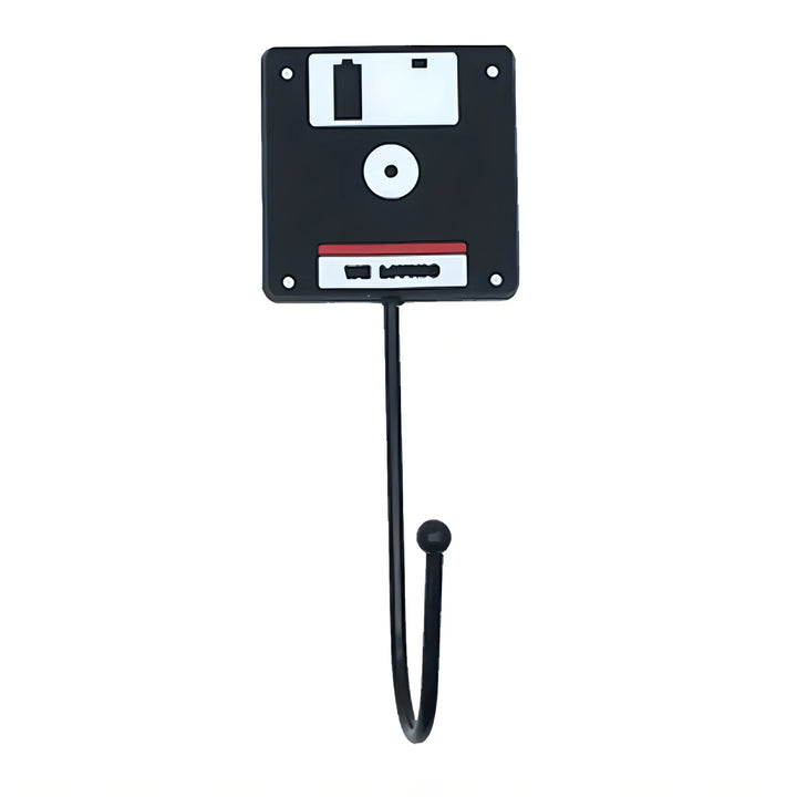 VibeCore Retro Wall Hook shaped like a floppy disk, featuring a self-adhesive backing for easy installation, perfect for hanging accessories like jackets, keys, or towels in your space.