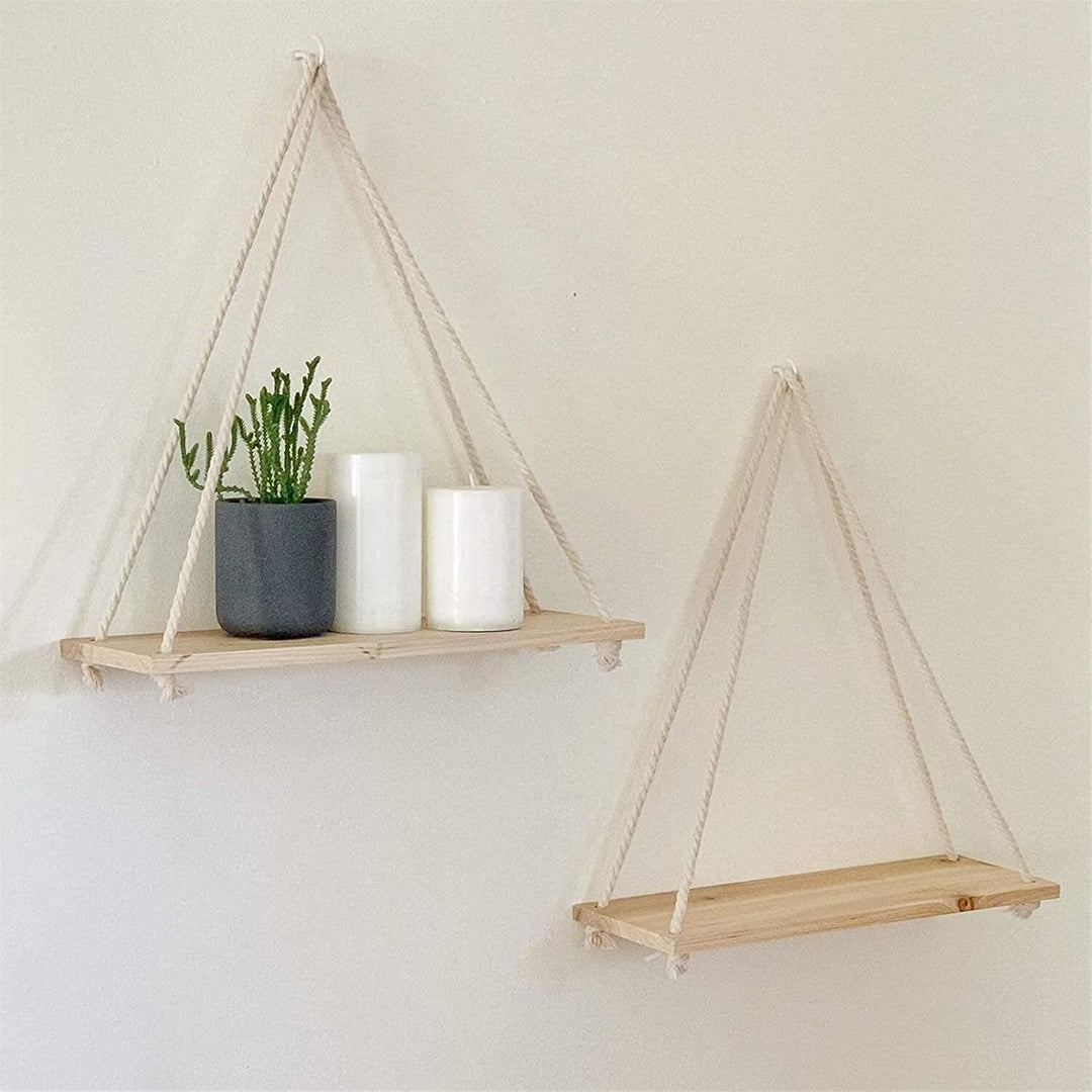 Side view of VibeCore Rope Hanging Shelf with two shelves, showcasing its rustic, boho design and sturdy ropes, ideal for displaying plants, decor, and storage.