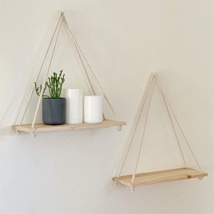 Side view of VibeCore Rope Hanging Shelf with two shelves, showcasing its rustic, boho design and sturdy ropes, ideal for displaying plants, decor, and storage.