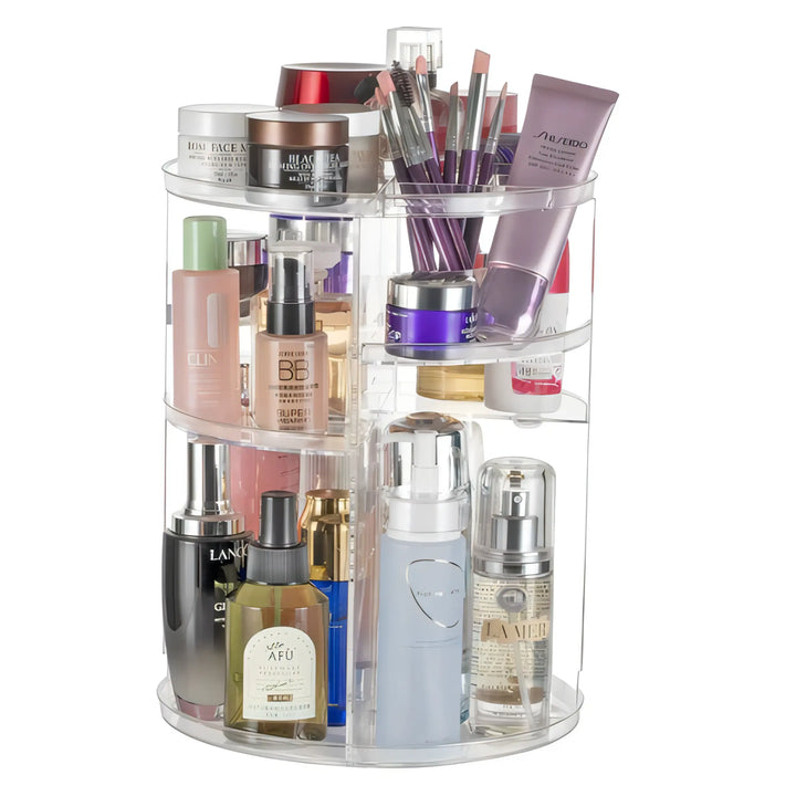 VibeCore Rotating Clear Makeup Organizer, full product view showcasing its sleek, transparent acrylic design, featuring multiple adjustable tiers and a 360-degree rotating base for convenient access to beauty essentials.