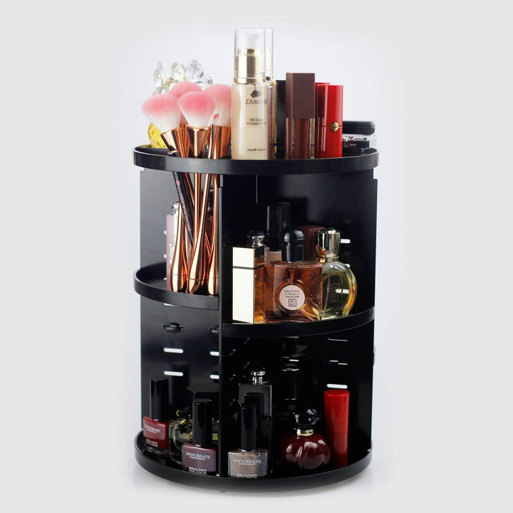 VibeCore Rotating Makeup Organizer in Black, displayed in full view, featuring a sleek design with 360° rotation, perfect for organizing makeup, skincare, and accessories.