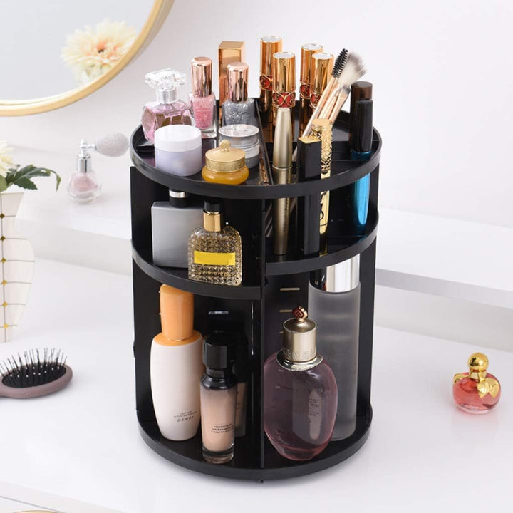VibeCore Rotating Makeup Organizer in Black, showcasing its full design with 360° rotating function and multiple compartments for organizing makeup, skincare, and beauty essentials.