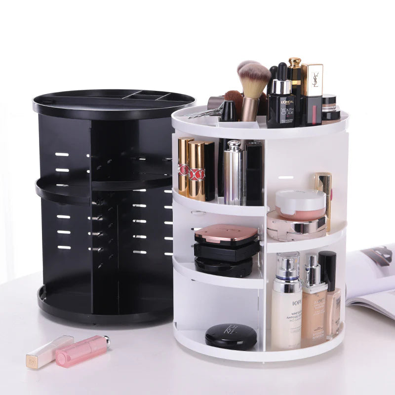 VibeCore Rotating Makeup Organizer in White and Black, featuring a sleek 360° rotating design, acrylic makeup holder, adjustable storage, versatile vanity organizer, cosmetic organizer, space-saving, multifunctional, jewelry storage, clutter-free, and easy access for streamlined beauty organization.
