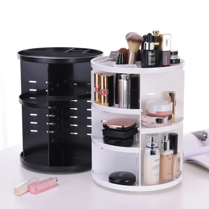 VibeCore Rotating Makeup Organizer in White and Black, featuring a sleek 360° rotating design, acrylic makeup holder, adjustable storage, versatile vanity organizer, cosmetic organizer, space-saving, multifunctional, jewelry storage, clutter-free, and easy access for streamlined beauty organization.