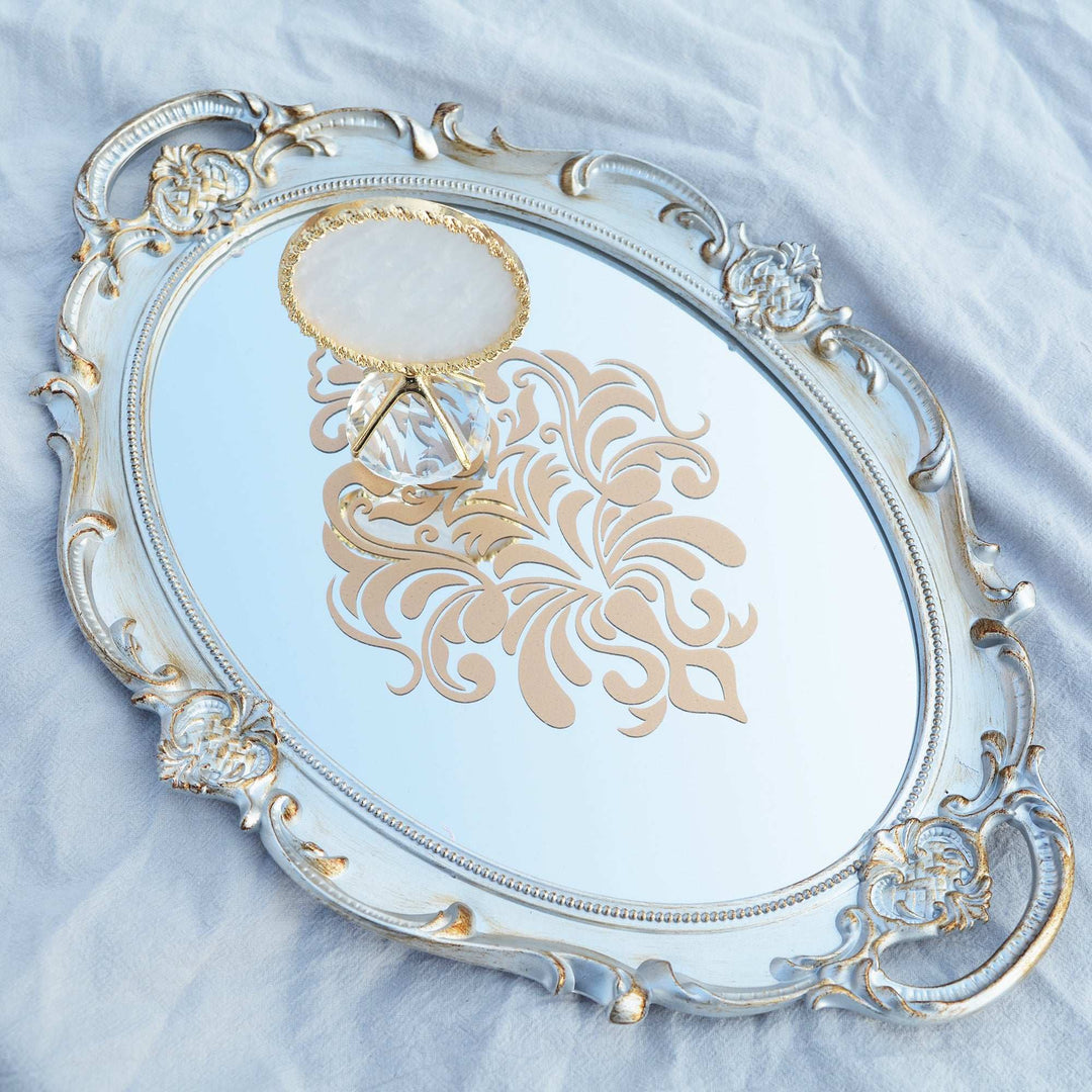 VibeCore Round Royal Mirror Tray in Silver with a Gold Design, featuring an elegant resin-crafted design. Perfect for organizing perfumes, jewelry, or decor, adding a refined European touch with a luxurious contrast to any surface.