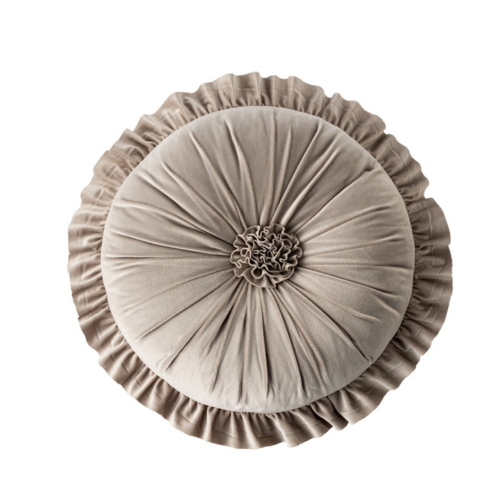 VibeCore Round Tufted Flower Throw Pillow in beige, featuring a chic ruffled Dutch velvet design that adds a touch of luxury and comfort to any room.